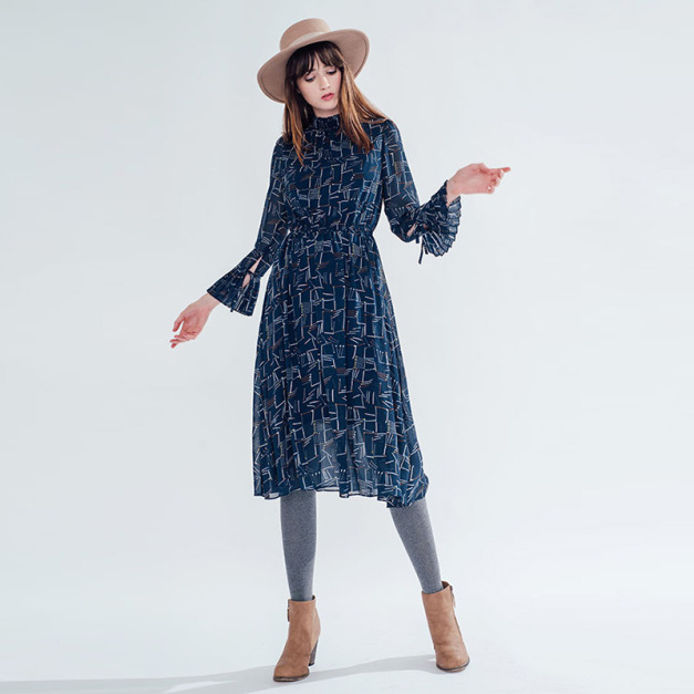 春裝小立領喇叭袖雪紡印花連身洋裝