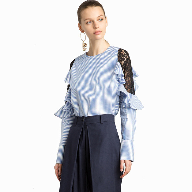 時尚撞色條紋 蕾絲拼接圓領襯衫