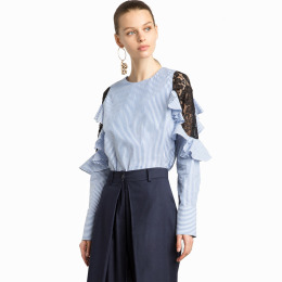 時尚撞色條紋 蕾絲拼接圓領襯衫