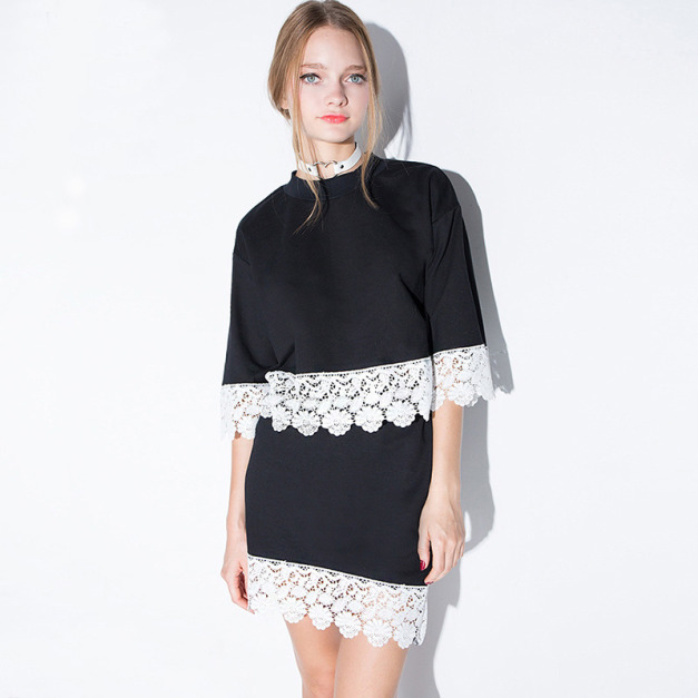 甜美蕾絲拼接蝙蝠袖高腰連身套裝