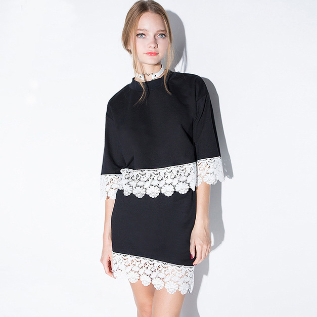 甜美蕾絲拼接蝙蝠袖高腰連身套裝