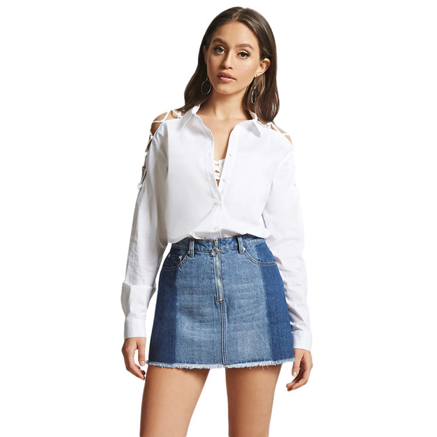 露肩鏤空交叉綁帶V領襯衫