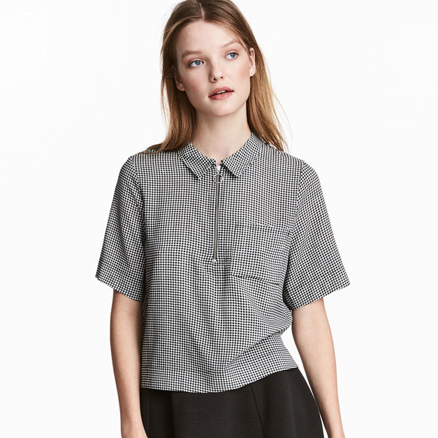 歐美時尚簡約百搭學院風金屬拉鍊口袋裝飾襯衫上衣