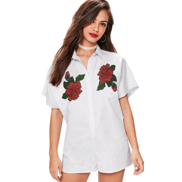 街頭風 花朵刺繡白色連身短褲