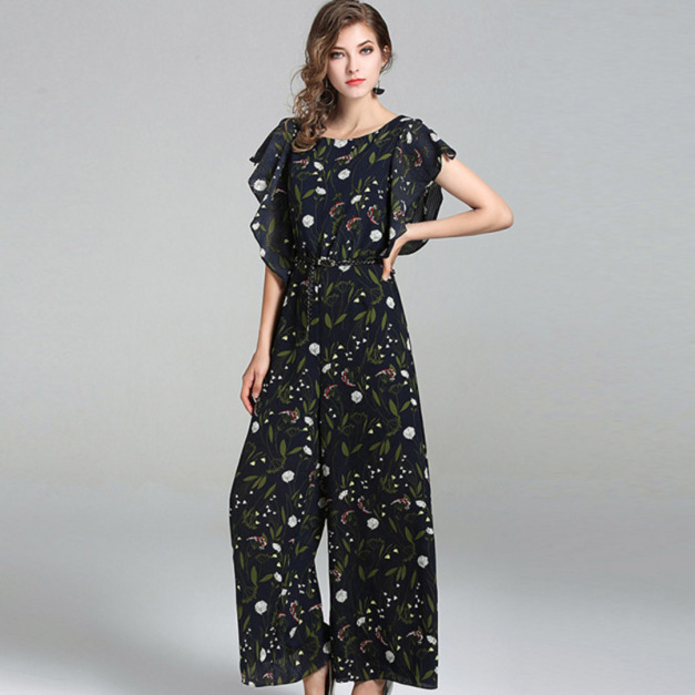 英倫碎花風 長版碎花時尚連身寬褲