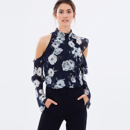 不對稱露肩 荷葉花卉雪紡上衣