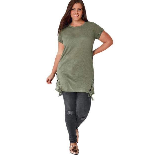 【大尺碼】側面綁帶長款T恤