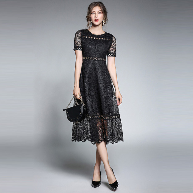 蕾絲花邊拼接 中長款洋裝 (2色)