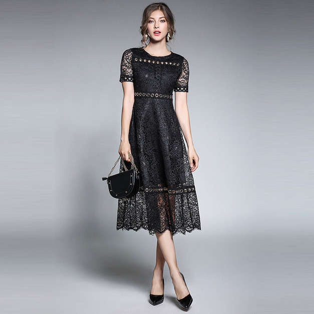 蕾絲花邊拼接 中長款洋裝 (2色)