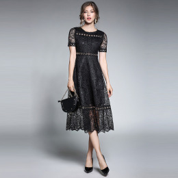 蕾絲花邊拼接 中長款洋裝 (2色)