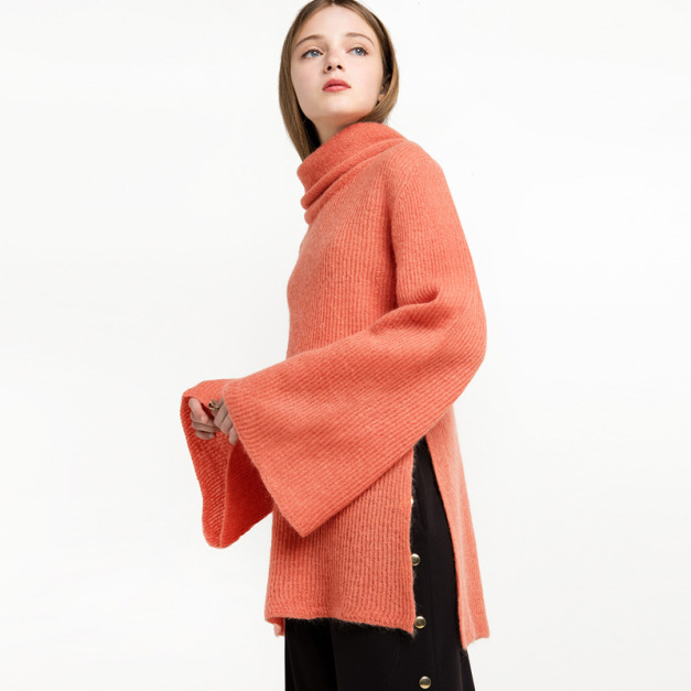 歐美簡約百搭高領A字下擺開衩毛衣