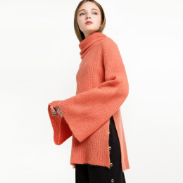 歐美簡約百搭高領A字下擺開衩毛衣