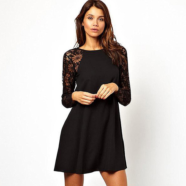 歐美透視蕾絲長袖拼接圓領雪紡連身裙 (2色)