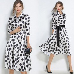 歐美大點點 修身繫帶中長款襯裙連衣裙