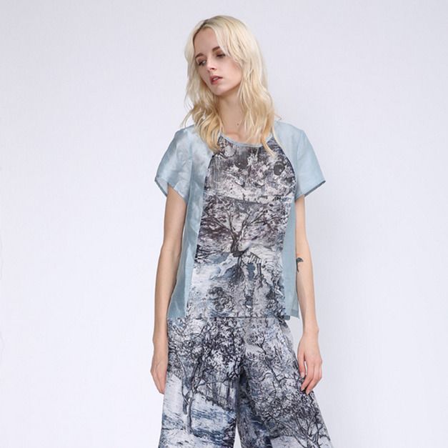 幾何拼接 寬版涼感上衣