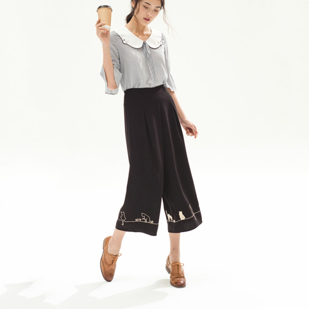 學院風 腳口可愛貓咪寬褲