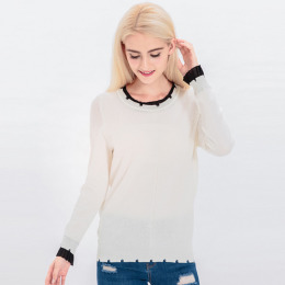 領口袖口百褶 下擺釦素面針織衫 (2色)