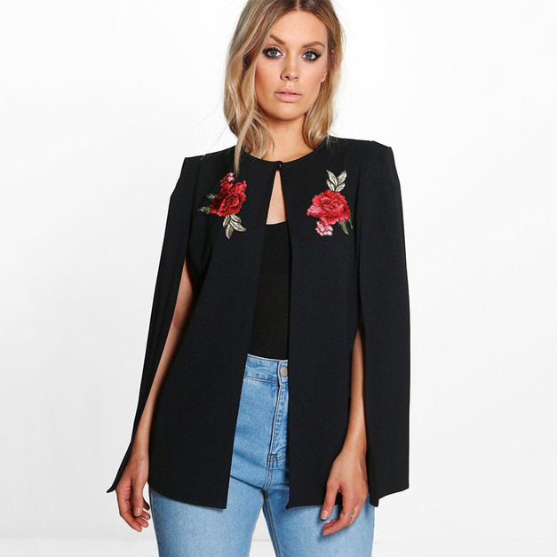 【大尺碼】斗篷披肩 花朵刺繡百搭外套