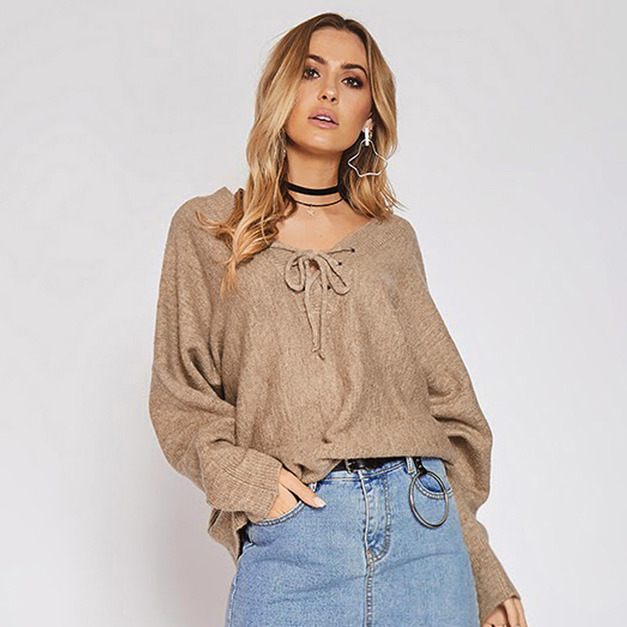 V領前綁帶 蝙蝠袖寬鬆針織上衣