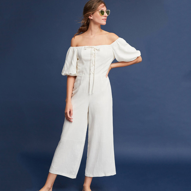 歐美街頭一字領 泡泡袖連身寬褲