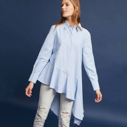 不對稱荷葉邊 長袖斜條紋襯衫