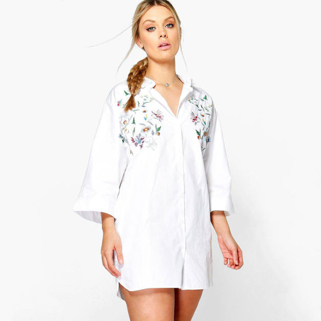 【大尺碼】復古風 個性花朵刺繡寬鬆襯衫 (2色)