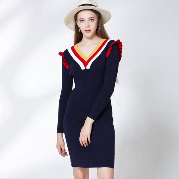 經典V領 修身長袖針織洋裝 (2色)