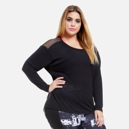 【大尺碼】性感肩部網紗拼接後背鏤空上衣