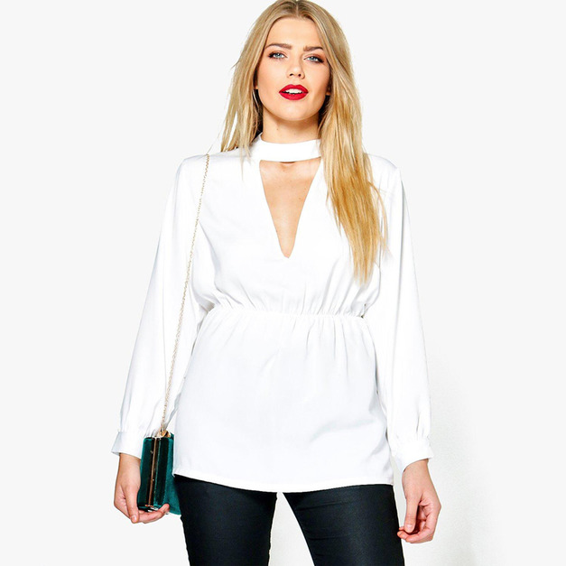 【大尺碼】V領鏤空鬆緊腰上衣 (2色)