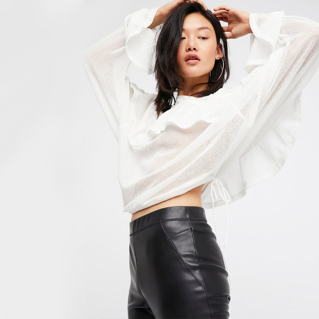 穿搭時尚 下擺繫帶微透長袖上衣 (2色)