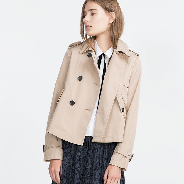 A字下擺 雙排扣翻領風衣短外套 (2色)