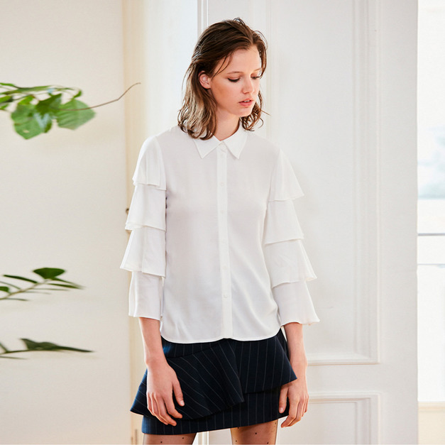 優雅風格 荷葉袖後背蕾絲拼接襯衫