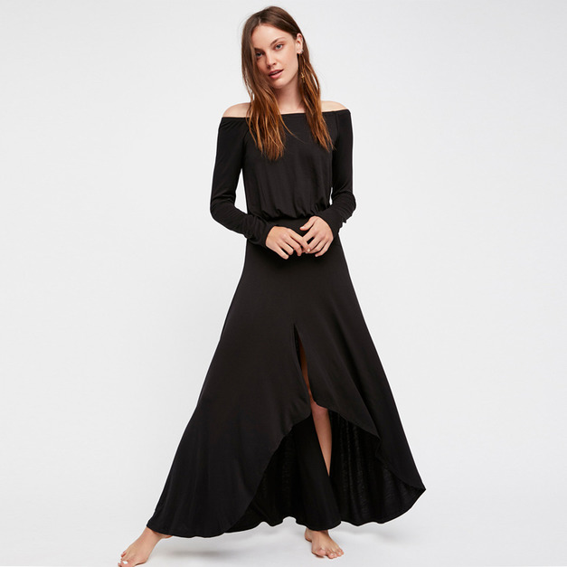 歐風時尚 典雅一字領長袖連身洋裝