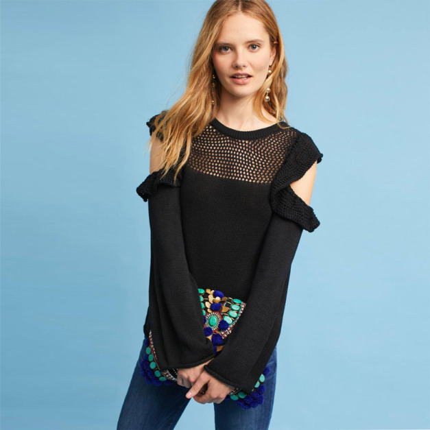 時尚歐美荷葉肩設計 針織網洞拼接毛衣