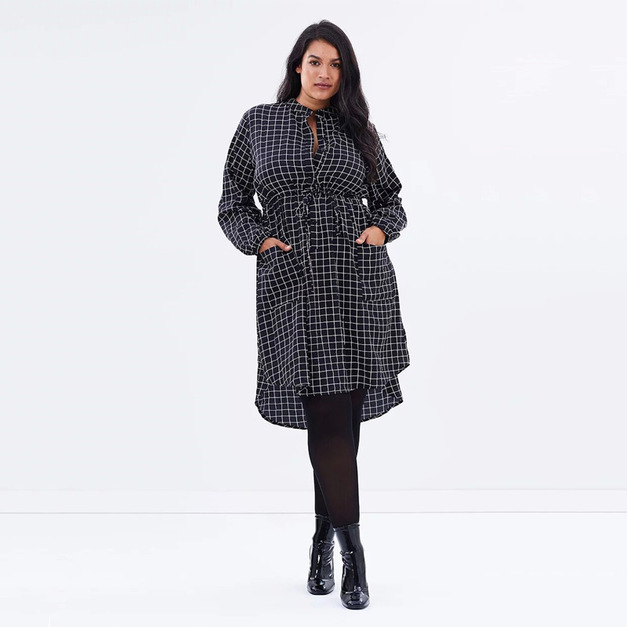 【大尺碼】典雅復古風 繫帶格紋大碼禮服洋裝