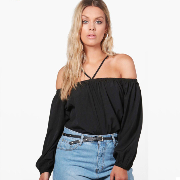 【大尺碼】露肩一字領細肩帶長袖上衣