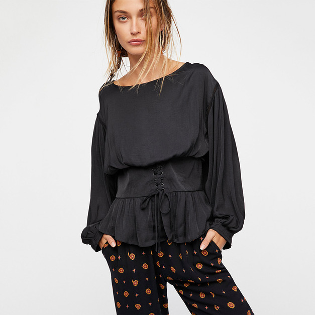 OL氣質風 束腰封落肩燈籠袖上衣 (2色)