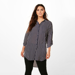 【大尺碼】落肩風格 條紋中長版舒適襯衫