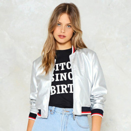 金屬銀 撞色滾邊短版夾克飛行外套