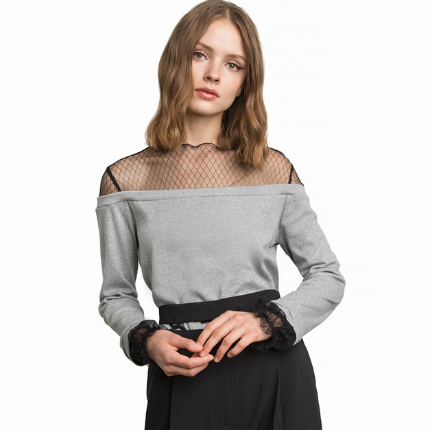 性感網紗拼接仿一字領蕾絲袖口長袖上衣