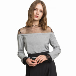 性感網紗拼接仿一字領蕾絲袖口長袖上衣