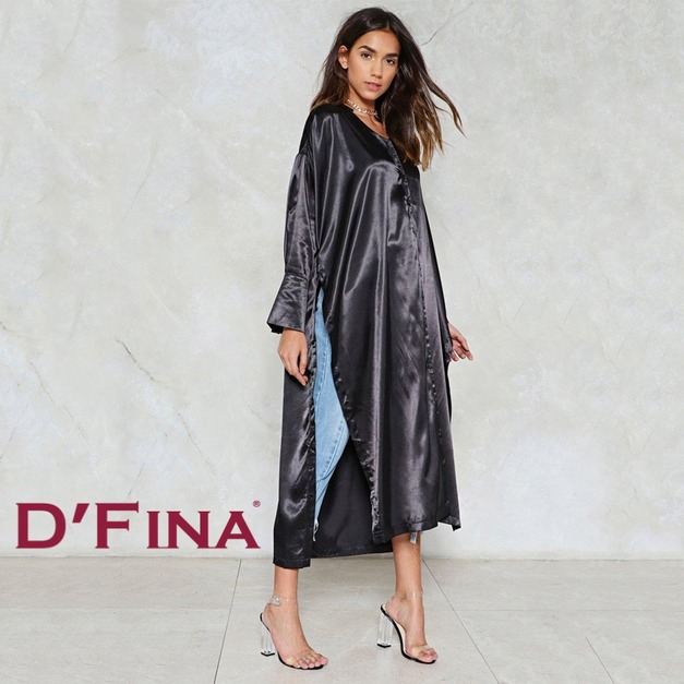 街頭飄逸 緞面高開叉兩穿式長版OL襯衫