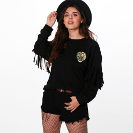 【大尺碼】老虎性格風 手臂流蘇時尚刺繡衛衣