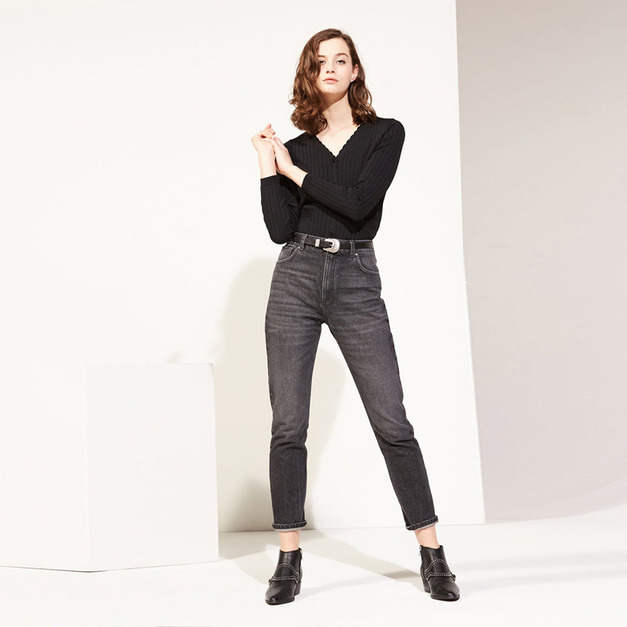 優雅波浪邊 假口袋裝飾素面毛衣