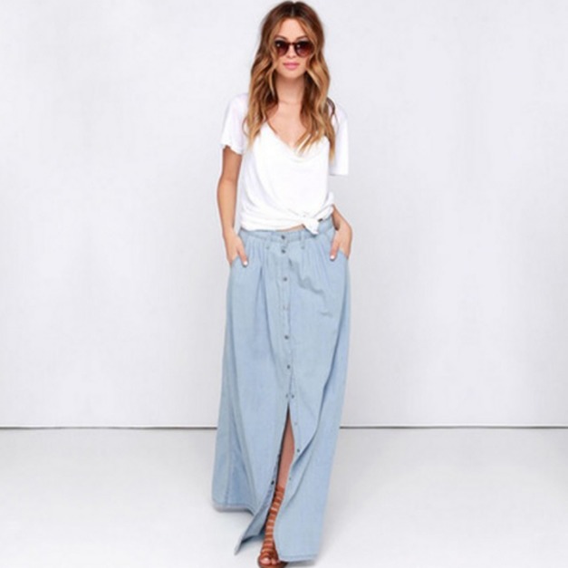 長版街頭時尚風 高腰A字開叉牛仔裙