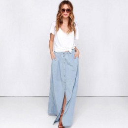 長版街頭時尚風 高腰A字開叉牛仔裙