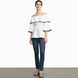 黑白撞色滾邊 性感歐美一字領上衣