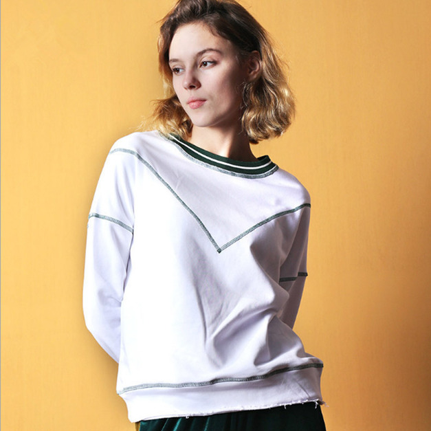螺紋領拼接 圓領仿V領純棉女T恤衛衣 (2色)