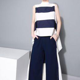 前短後長 摩登時尚小立領無袖條紋衫 (2色)