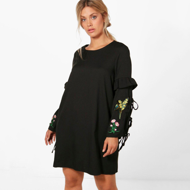 【大尺碼】手袖設計 街頭綁帶刺繡連衣裙